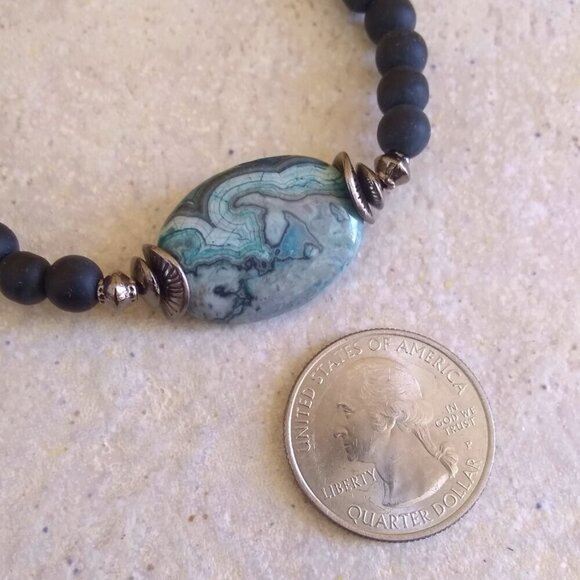 Blue Gray & Black - Sleek Crazy Lace Agate Bracelet - 6.5-7" Wrists - Minimalist - Picture 4 of 7